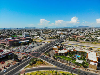 High angle view of cityscape against sky