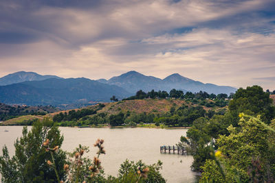 Scenic view of lake and mountains against sky