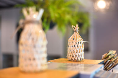 Small wicker round bamboo basket decoration on the table