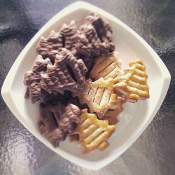 High angle view of food in plate on table