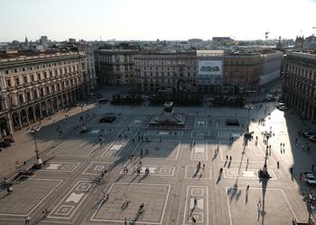 High angle view of street and buildings in city