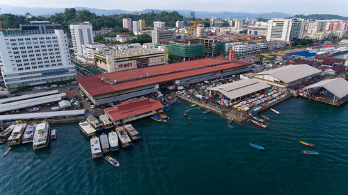 High angle view of buildings in city