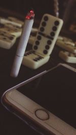 High angle view of guitar on table