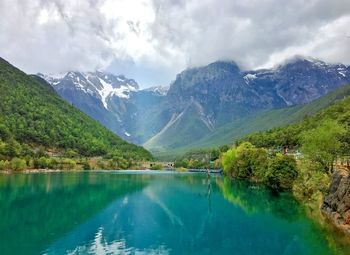 Scenic view of lake and mountains against sky