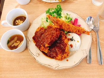 High angle view of breakfast served on table