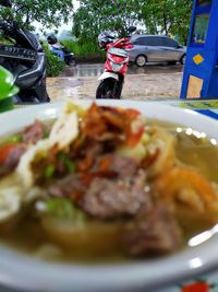 Close-up of food served on table