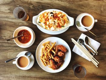 High angle view of breakfast on table