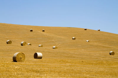 Hay bales on field against clear sky