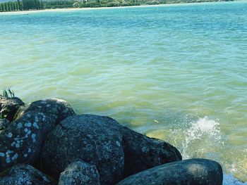 High angle view of rocks at sea shore