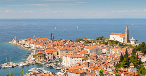 High angle view of buildings in sea