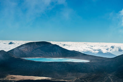 Scenic view of snowcapped mountains against blue sky