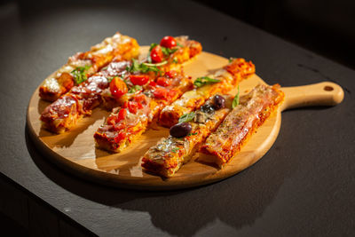 High angle view of pizza on table