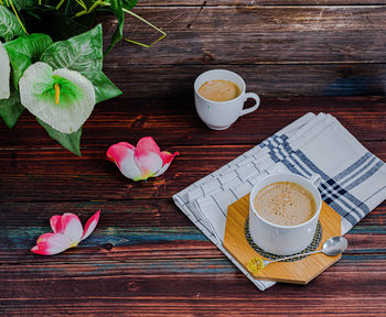 High angle view of coffee on table