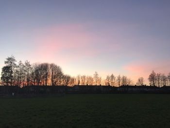 Silhouette trees on field against sky during sunset