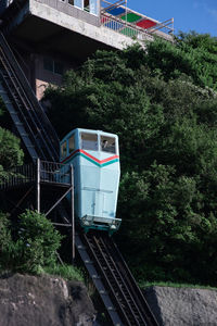 Train on railroad tracks by building