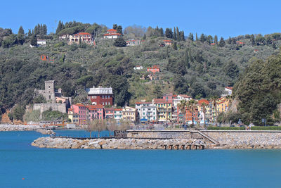 Aerial view of river and buildings against clear sky