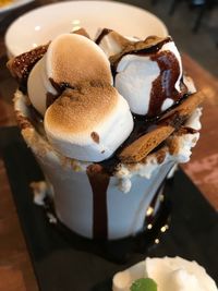 High angle view of ice cream in plate on table