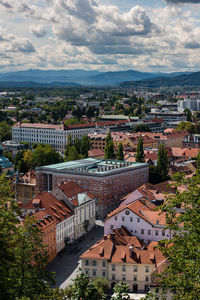 High angle shot of townscape against sky