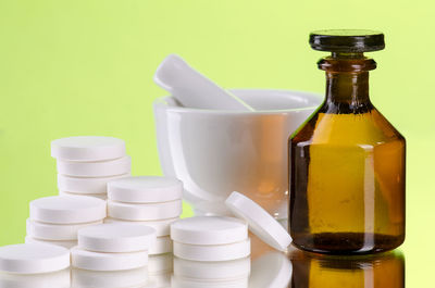 Close-up of stack of bottles