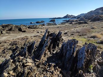 Panoramic view of rocks on beach against clear sky