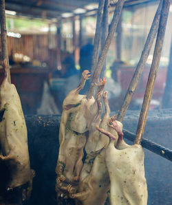 High angle view of pork roasting in barbecue