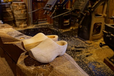 High angle view of wooden clogs