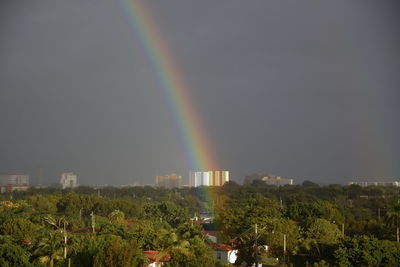 Rainbow over city against sky