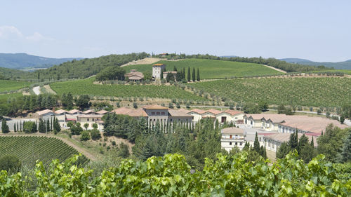 Scenic view of farm and houses against sky