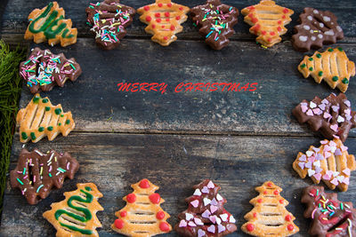 High angle view of cookies on display