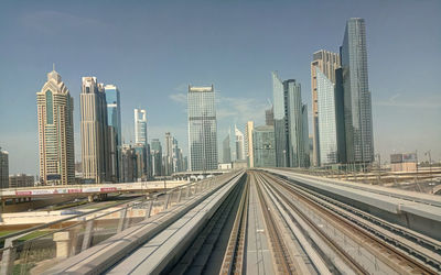 Panoramic view of railroad tracks amidst buildings against sky in city