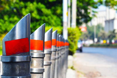 Close-up of multi colored road divider