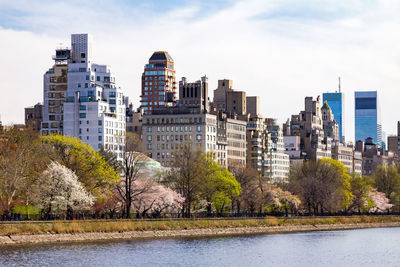 Trees by lake against buildings in city against sky