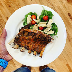 High angle view of food in plate on table