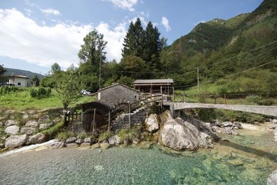 Scenic view of lake by mountain against sky