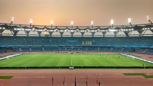 View of soccer field against sky