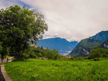 Scenic view of green landscape and mountains against sky
