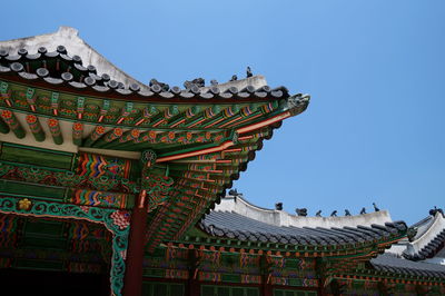 Low angle view of built structure against clear blue sky