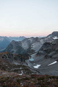 Scenic view of mountains against sky during sunset