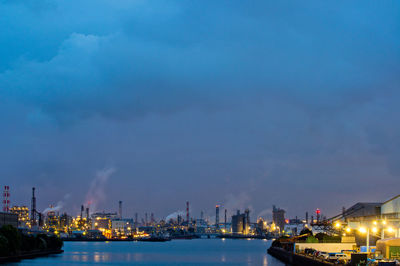 Factory night view at dusk under cloudy sky