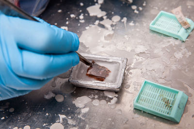 Scientist embedding tissues in paraffin blocks for sectioning. pathology laboratory. 