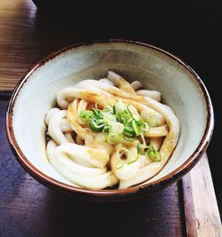 High angle view of noodles in bowl on table