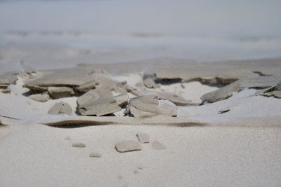 High angle view of footprints on sand at beach