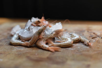 Close-up of fresh frozen shrimps on table