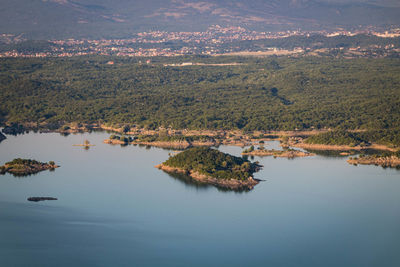 Aerial view of lake and trees against sky