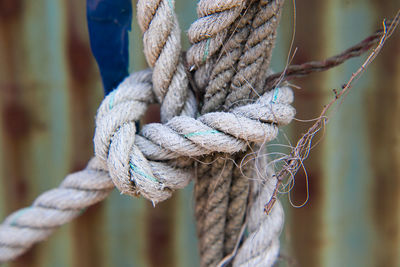 Close-up of rope tied to chainlink fence