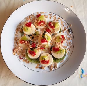 High angle view of breakfast served on table