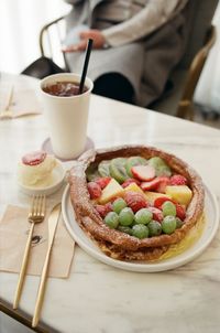 High angle view of breakfast served on table