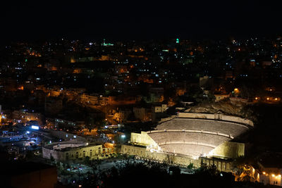 High angle view of illuminated cityscape