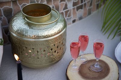 High angle view of drink on table