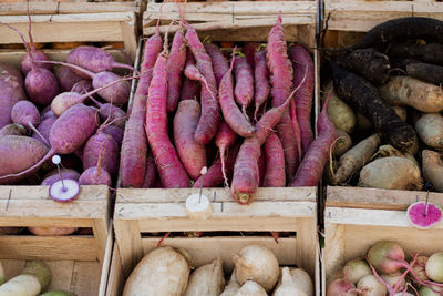High angle view of food for sale at market stall